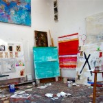 Inside of the studio with paintings