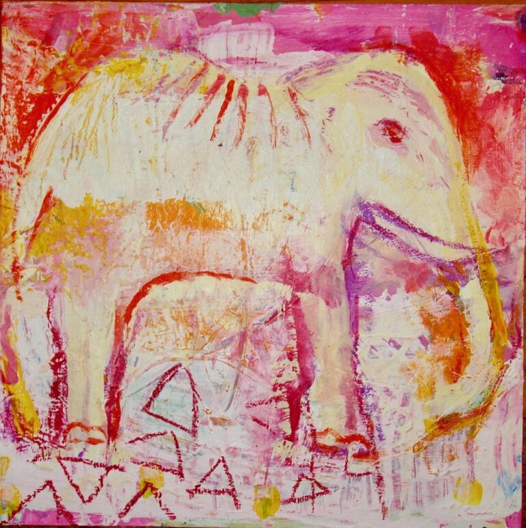 Pink Elephant | 13″ x 13″ | Mixed Media on Panel