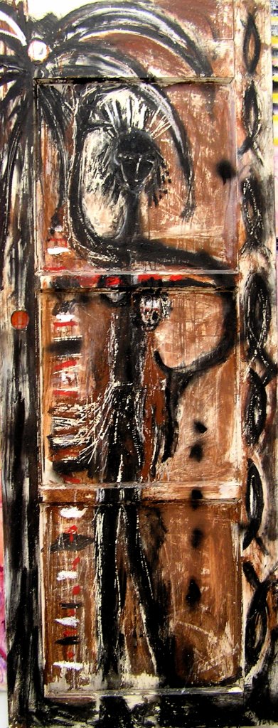 Mother and Child | 80″ x 30″ | Mixed Media on Door Panel